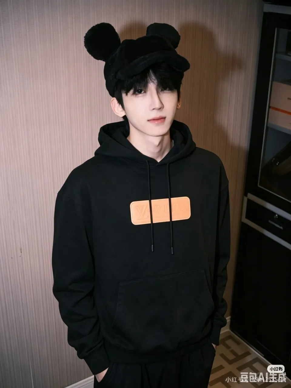 Louis Vuitton/Louis Vuitton embossed leather logo hooded sweatshirt